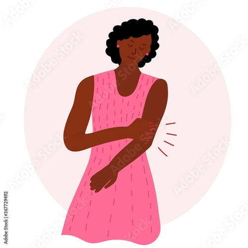 black skin african woman is scratching the skin on her arm in the elbow with nails. Eczema, allergies, atopic dermatitis, dry skin. Skin problems. Redness and itching. Cartoon 
