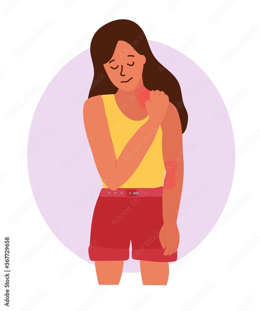 A girl with brown hair scratches the skin on her neck with her nails. Eczema, allergies, atopic dermatitis, dry skin. Skin problems Redness and itching. Cartoon hand drawn vector illustration. A girl with brown hair scratches the skin on her neck with her nails. Eczema, allergies, atopic dermatitis, dry skin. Skin problems Redness and itching. Cartoon hand drawn vector illustration.