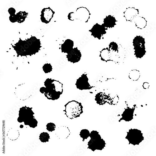 Grunge vector set of ink splashes and drops. Blots splatter black white silhouette illustrations collection