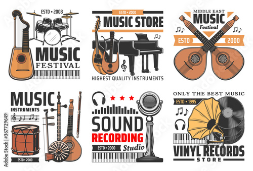 Music and sound icons, instruments, records studio and music store label. Music festival, folk instruments and orchestra music live concert, retro vinyl discs and musical notes