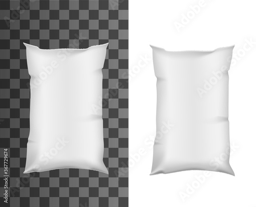 Milk package mockup, plastic bag, pouch pack or sachet, vector realistic blank 3D template. Milk package bag of white plastic foil, glossy doypack for liquid drinks and food