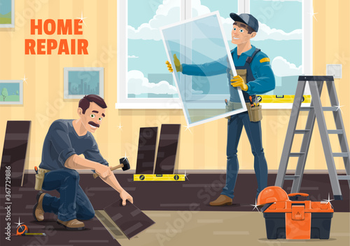 Window installer worker, home repair, renovation and remodeling carpentry service, vector. Workers at windows installation and laminate flooring with work tools, hammer and measuring tape and ladder