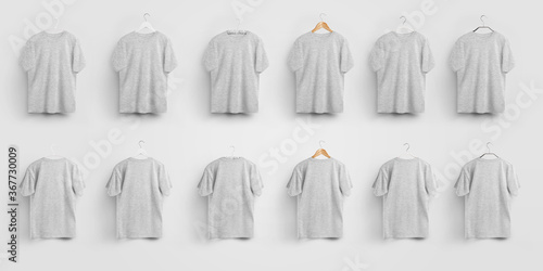 Mockup of a male textural t-shirt hanging on a hanger isolated on a background.