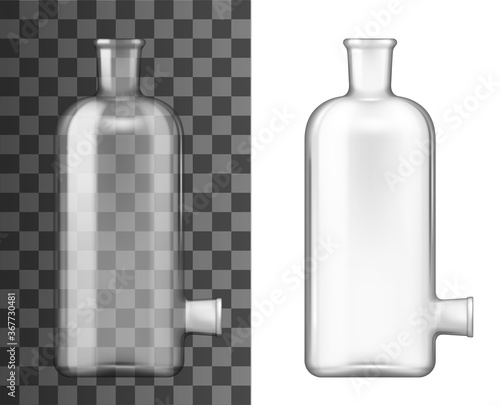 Chemical flask, laboratory glass beaker, lab glassware realistic vector 3D mockup. Chemical laboratory test flask or vial jar bottle with two necks, empty isolated on transparent background