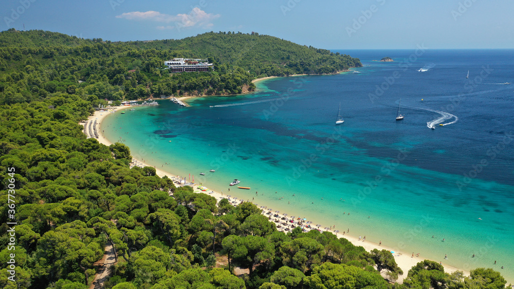 Obraz premium Aerial drone photo of beautiful popular organised sandy bay, turquoise beach and natural preserve lake with pine trees of Koukounaries, Skiathos island, Sporades, Greece