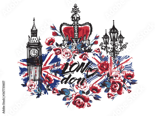 Watercolor London vector illustration collection Big Ben, crown, flowers. Retro british grunge graphic for textile design or t-shirt print. Isolated elements on white background