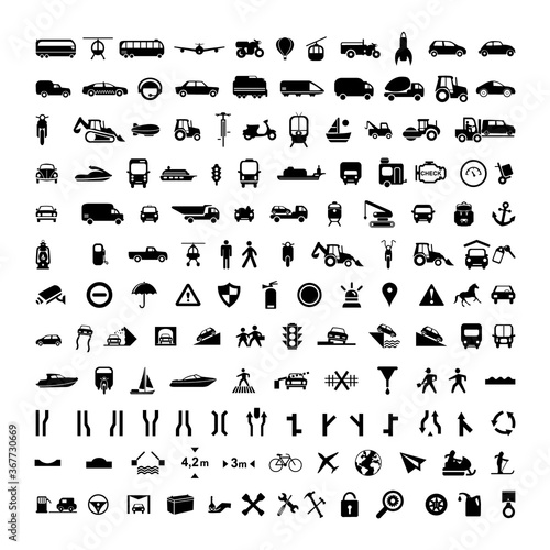 Big collection of transport and road sign icons. High quality pictograms for web design. Flat vector illustration