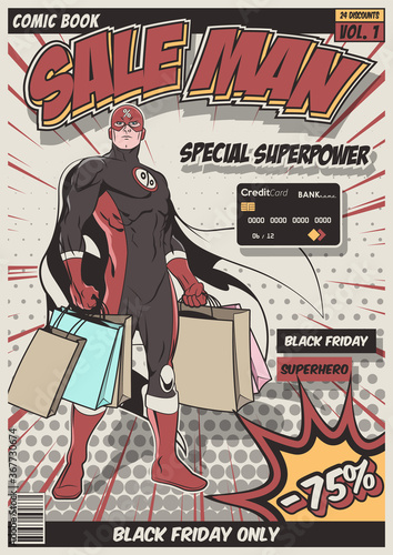 Black Friday Sale Illustration, Superheroes Comic Book Cover Stylization, Super Purchaser, Shopping, Credit Card 