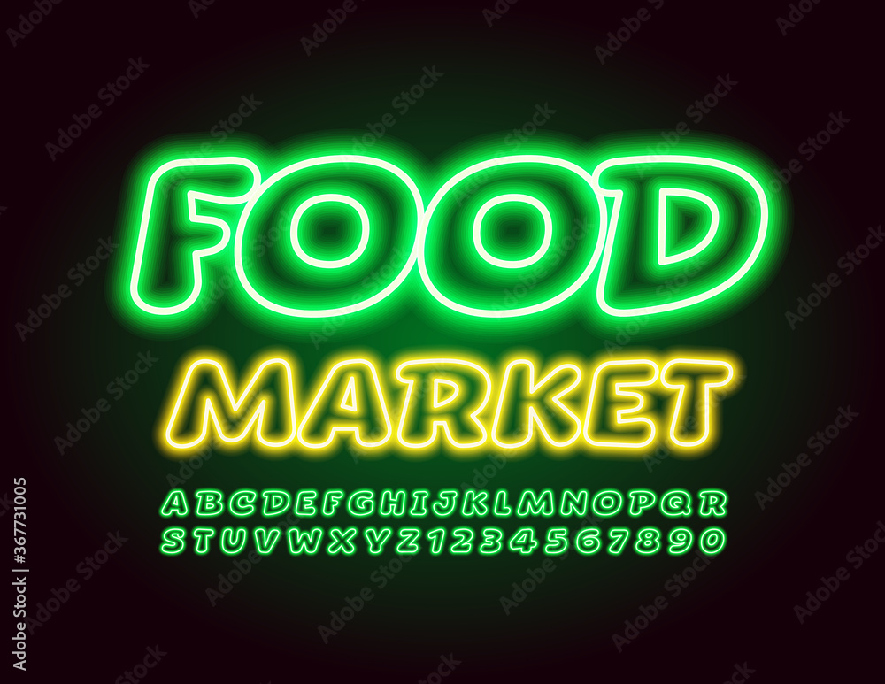 Vector bright Sign Food Market. Glowing Green Font. Neon Alphabet Letters and Numbers.
