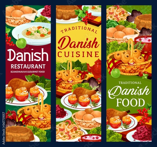 Danish cuisine food menu dishes, Scandinavian meals, traditional buffet dinner, lunch and snacks vector banners. Danish chicken, cabbage and vermicelli salad, apple casserole and sweet cereals