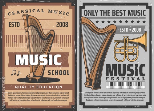 Musical instruments, music festival concert, vector retro posters. Classical music orchestra instruments piano, harp and French horn trumpet, symphonic band live concert, music school education