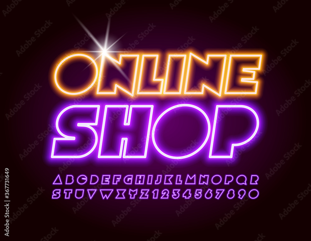 Vector bright sign Online Shop. Abstract Neon Font. Creative electric Alphabet Letters and Numbers Vector bright sign Online Shop. Abstract Neon Font. Creative electric Alphabet Letters and Numbers