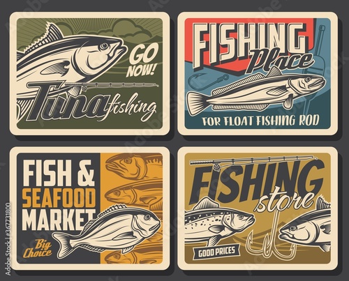 Fishing posters, fish and fisherman rod for sea tuna, lake trout and bass, vector. Sea and ocean fishing big catch market, fisher baits and lures store, hook for dorada and scomber fish