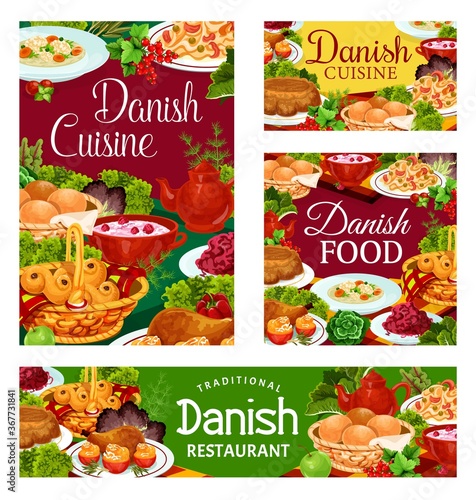 Danish cuisine food menu dishes, restaurant meals, Scandinavian buffet dinner and lunch, vector. Danish chicken, cabbage salad and apple casserole pastry, sweet cereals breakfast and Lucia buns