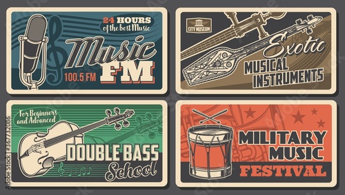 Music instruments posters, concert live festival, vector FM radio podcast microphone. Orchestra symphonic musical school, military music concert, Asian Oriental exotic folk music instruments museum
