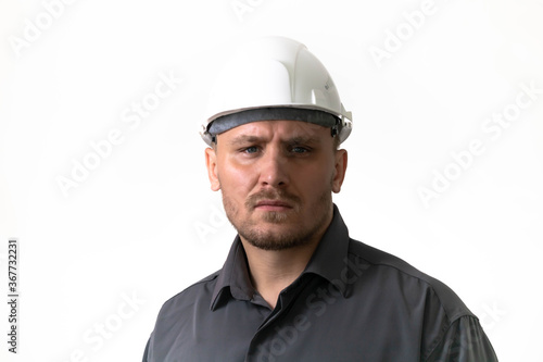 A man in a white helmet on a white background.