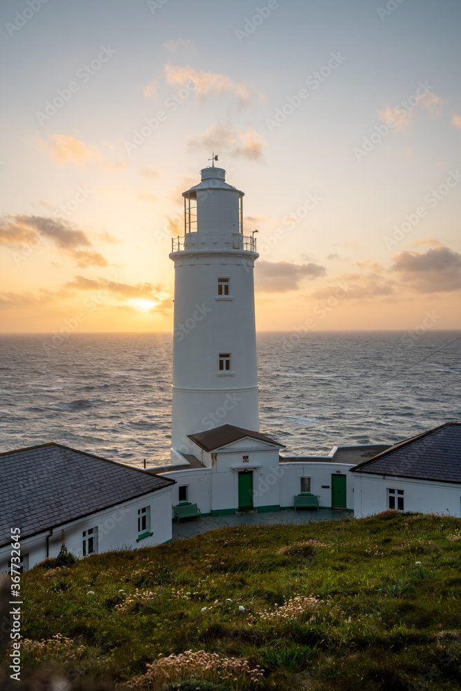 Trevose Head, Cornwall, UK. Lighthouse at sunset