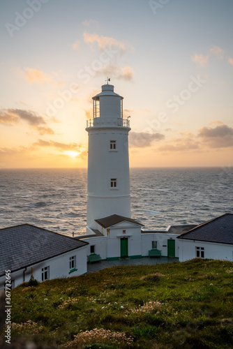 Trevose Head, Cornwall, UK. Lighthouse at sunset