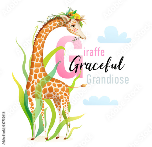 G is for Giraffe, Animal ABC picture book. Cute african Giraffe in nature with flowers and grass character cartoon. Cute zoo animals alphabet picture book, watercolor styled vector design.