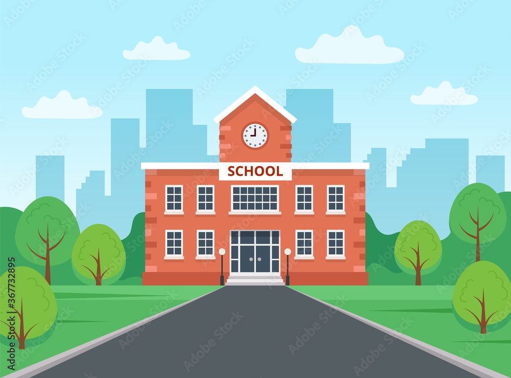 School building with city landscape. Vector illustration in flat style