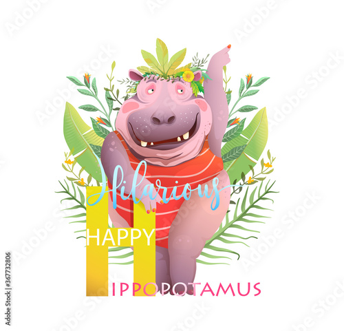 H is for hippopotamus, hilarious funky animal character ABC design for kids. Funny Hippo representing letter H in English alphabet. Watercolor styled vector jungle animal design for kids.