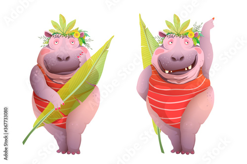 Hippopotamus woman posing in jungle leaves costume, funny and hilarious caricature character cartoon. Watercolor styled vector design, animal funky hippo body positive queen.