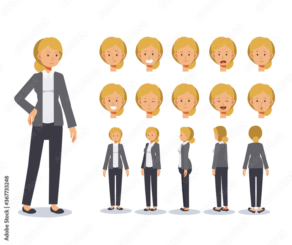 Front, side, back view animated character. Business woman Flat Vector Character creation set with various views, Cartoon style, flat vector illustration. Emotion.