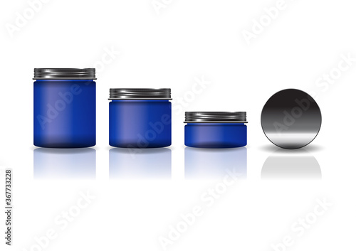 Set of 3 sizes blue cosmetic round jar with black lid for beauty or healthy product. Isolated on white background with reflection shadow. Ready to use for package design. Vector illustration.