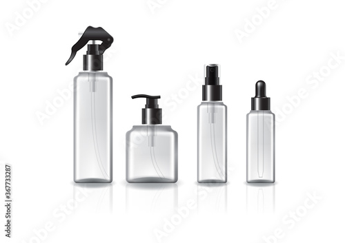 Set of 4 heads/sizes square cosmetic bottle with black ring for beauty, healthy product. Isolated on white background with reflection shadow. Ready to use for package design. Vector illustration.