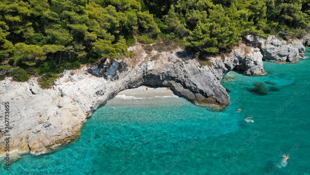 Obraz premium Aerial drone photo of secluded turquoise paradise island rocky cove covered up with pine trees