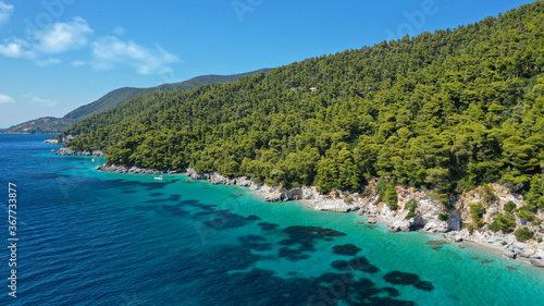 Aerial bird's eye view photo taken by drone of tropical seascape and sandy beach with turquoise clear sea and pine tree forest © aerial-drone