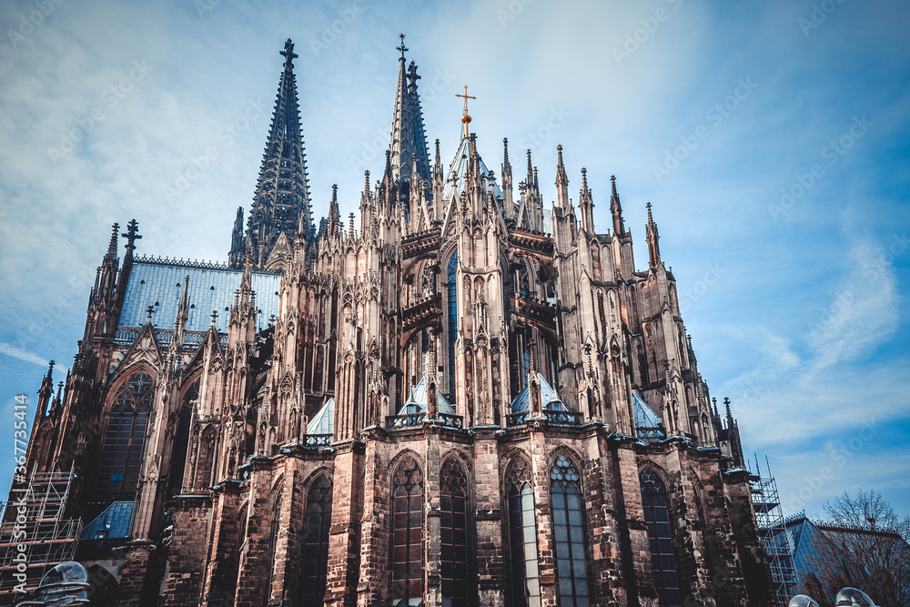 The stunning sculptured exterior of Cologne Cathedral, or also known as Kolner Dom, in the historic city of Cologne, Germany.
