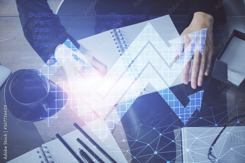 Blue arrow over woman's hands taking notes background. Concept of success. Double exposure Blue arrow over woman's hands taking notes background. Concept of success. Double exposure
