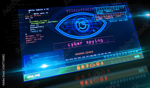 Cyber spying hacking and supervise eye symbol on screen illustration