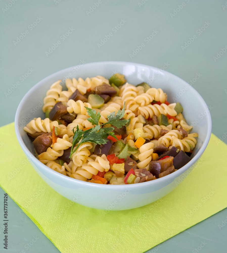 Amaranth pasta spirals fusilli with stewed seasonal vegetables Amaranth pasta spirals fusilli with stewed seasonal vegetables