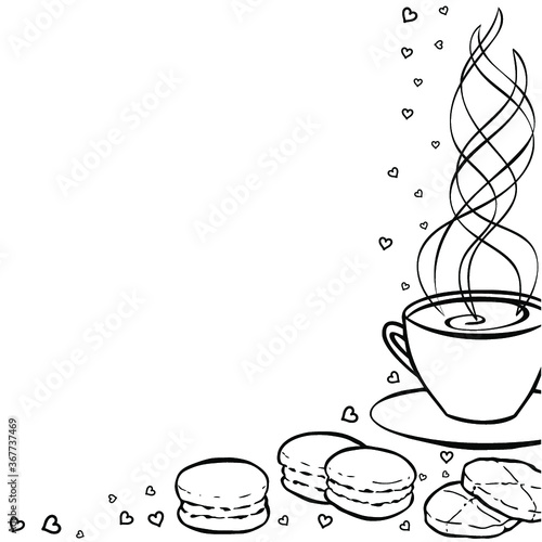 Cup of coffee with steam. Tea party frame. Black and white hand drawn border for menus, invitations, cards, envelopes and sweet notes on Valentines Day. Coloring book