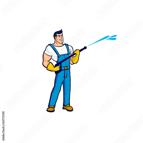 A worker in a blue overalls holds in his hands a device for cleaning houses under strong pressure of water A strong-built brunette cleaner with yellow gloves is pictured at work.Wet cleaning isolated