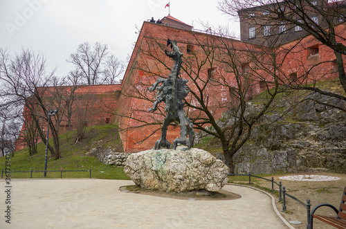 Poland. Krakow. Sculpture Wawel Dragon in Krakow. February 21, 2018