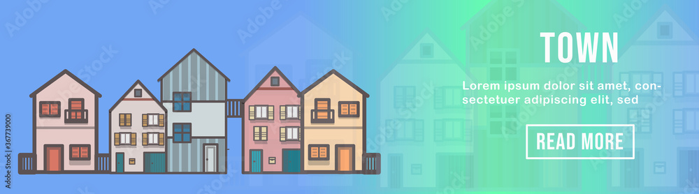 Town houses vector illustration.  City townscape landscape banner template. Background design. 