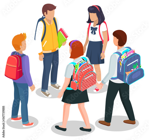 Schoolchildren stand together and talk. Kids in uniform with schoolbags and books. Backpacks inside with supplies vector isolated on white. Back to school concept. Flat cartoon isometric 3d