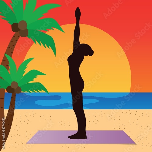 woman practicing yoga in palm tree pose