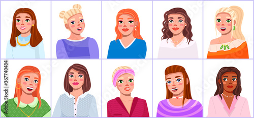 Girls portraits to waist with different hairstyles and color. Set of cute girls portraits in different types. Beautiful young women female characters with various facial expressions, makeup appearance
