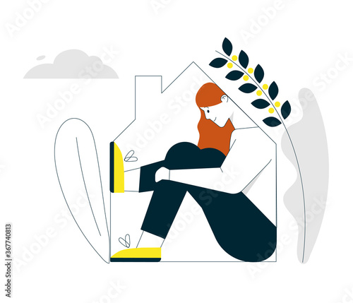 Vector linear character illustration of woman fills at home line silhouette