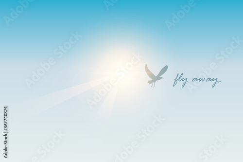 fly away freedom banner with flying bird in blue sky vector illustration EPS10