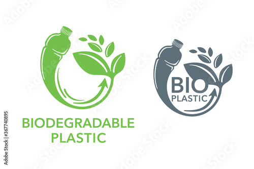 Biodegradable plastic sign - bottle turns to plant - eco friendly compostable material production (environment protection emblem)