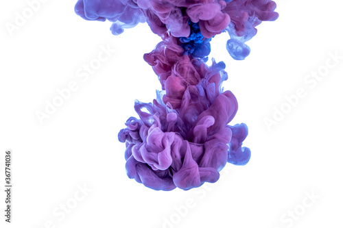 Blue and purple ink in water, splash of color isolated on white. Abstract background.