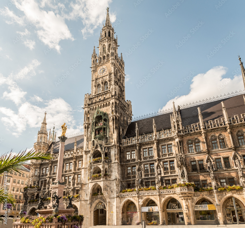 The Neue Rathaus (New Town Hall) is a magnificent neo-gothic building in Munich. Marienplatz is a central square in the city centre of Munich, Germany. It has been the city's main square since 1158.