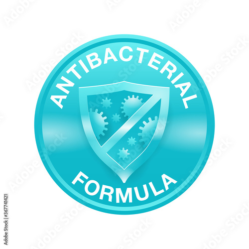 Antibacterial formula emblem - shield with crossed bacteries inside - vector isolated sign for antiseptic cosmetics and medical pharmaceutical products