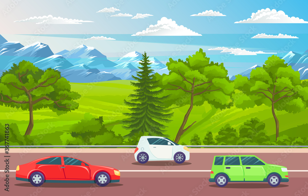 Cars or automobiles driving at road. Mountains landscape, summer view with green hills, trees, fir-tree. Traveling by cars. Beautiful view with snowy mountains and blue clouded sky at background