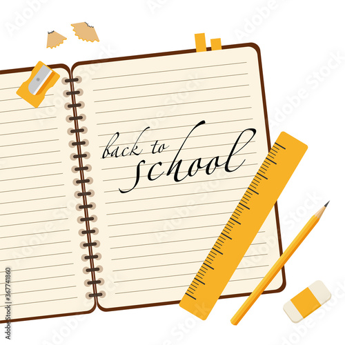 Poster with a notebook, pencil and sharpener and the inscription back to school.